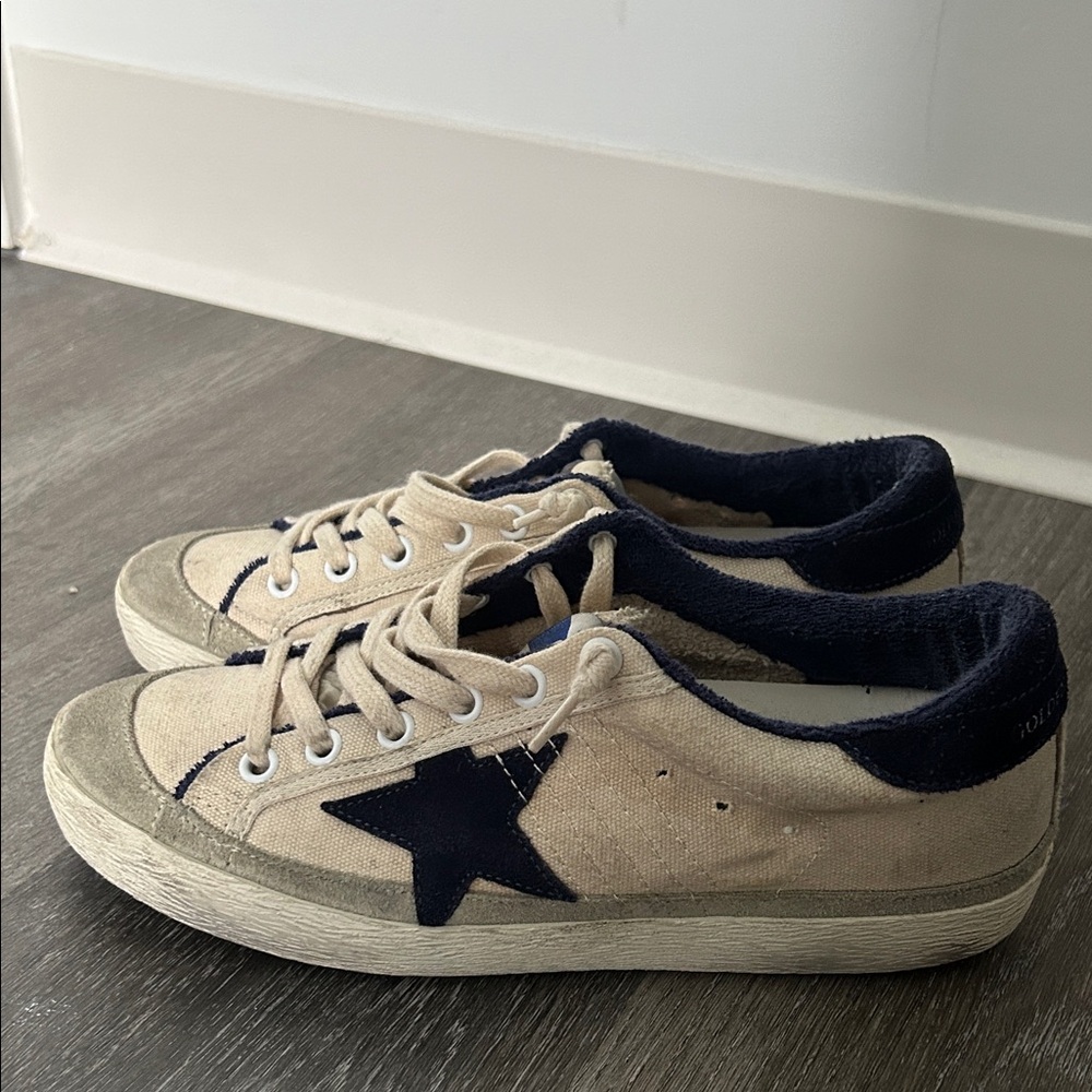 Golden Goose Beige and Navy Sneakers